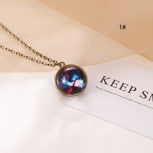 Antique bronze luminous cosmic galaxy necklace with purple nebula glass dome pendant
