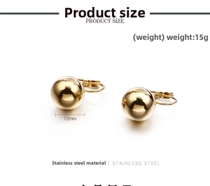 Detailed size chart for 12mm polished gold spherical earrings in durable stainless steel