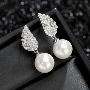 S925 sterling silver angel wing earrings with AAA cubic zirconia and white pearls