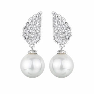 S925 silver angel wing pearl earrings with sparkling AAA zircon inlay in high polished finish