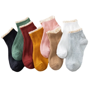 Eight pairs of Japanese retro cotton ankle socks with beige lace trim in diverse colors