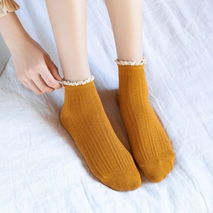 Japanese style ginger yellow ribbed ankle socks with delicate white lace trim for women