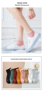 Detailed view of women's ribbed cotton ankle socks with decorative lace trim in various colors