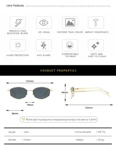 Detailed size guide for retro oval sunglasses showing dimensions and UV400 features