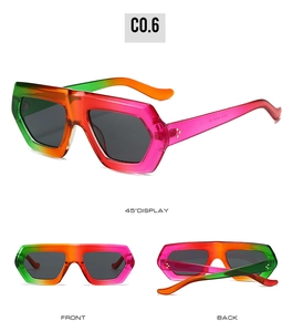 Detailed views of gradient polygon sunglasses with durable metal hinges and gray lenses