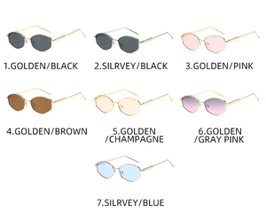 Detailed grid showing seven color variations of retro oval sunglasses with metal temples