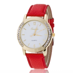 Geneva Damen Quarzuhr in Roségold mit seitlichen Diamanten und rotem Lederarmband