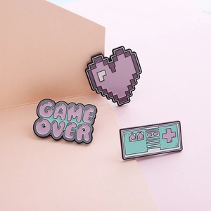 Pink pixel heart and retro game console enamel brooch pins for women accessories