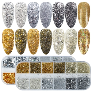 12-grid mixed metallic nail art glitter set with hexagonal flakes and fine powder