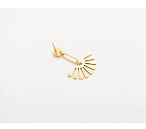 Detailed close-up of gold fan-shaped stainless steel earrings with ribbed texture