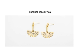 Detailed close-up of 18K gold-plated fan-shaped earrings on a white background