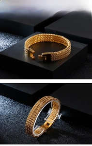 Detail of golden woven link bracelet featuring a square clasp and meticulous metalwork