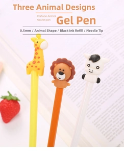 Detail of 0.5mm black ink pens featuring cute giraffe, lion, and zebra animal designs