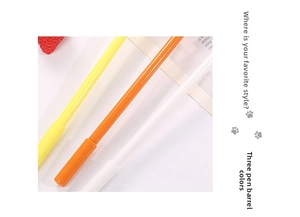 Detail view of yellow, orange, and white pens with slender cylindrical plastic bodies