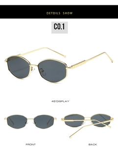 Detailed views of gold geometric sunglasses with dark grey lenses and wavy temple textures