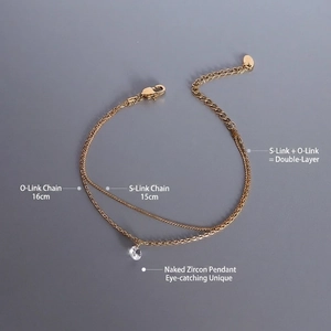 Double-layered 18k gold plated titanium bracelet with zircon pendant and cable snake chains