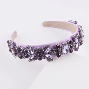 Detailed view of lavender baroque padded headband with purple crystals and rhinestones