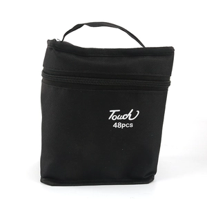 Detail of a black fabric zipper storage bag with top handle for 48-piece marker set