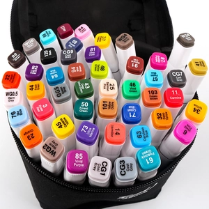 Detailed view of 40-color dual tip markers neatly organized in a black zippered pouch
