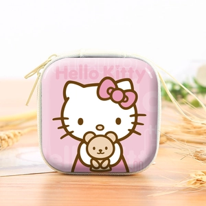 Pink Hello Kitty square tinplate coin purse with zipper and lanyard storage pouch