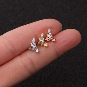 Close-up of heart, star, and teardrop zircon studs in silver, gold, and rose gold finishes