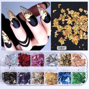 Detailed 12-grid box with irregular nail art gold foil flakes in multi-color options