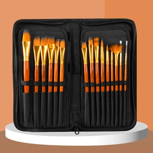 Detail of 15 professional nylon paint brushes with diverse tips in a black zipper case