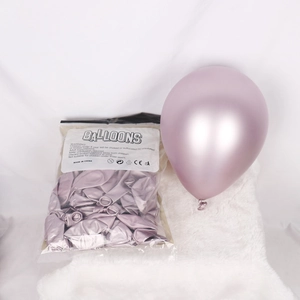 Pink metallic latex balloon showing both uninflated retail packaging and inflated effect
