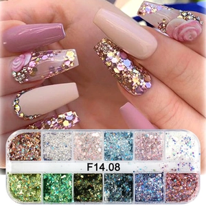 Close-up of 12-color nail glitter flakes on nails and in clear storage box
