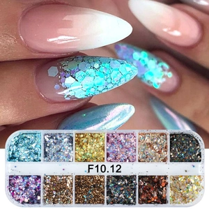 Detail of 12-slot nail art glitter set with butterfly and heart sequins in white storage box