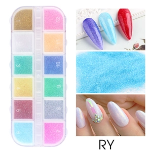Detailed view of 12-color nail glitter flakes in a transparent organizer box