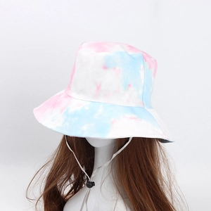 Tie-dye sun hat in pink and blue with windproof cord for outdoor fashion and sun protection