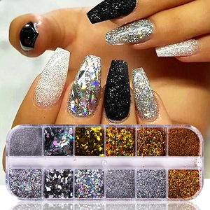 Detailed 12-slot nail art glitter set featuring mixed sequins and coffin nail manicure