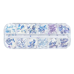 Top view of 12-grid storage box with holographic blue and silver nail art glitter flakes