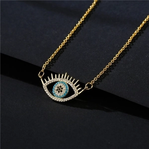 Classic gold evil eye pendant necklace with micro-p鑲 zicons and blue stone center