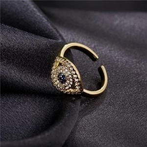 Classic gold evil eye adjustable open ring with blue and white zircon stones