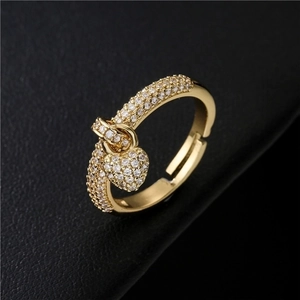 18K Gold Plated Copper Heart Dangle Open Ring For Women Micro Pave Cubic Zirconia Adjustable Simple Jewelry