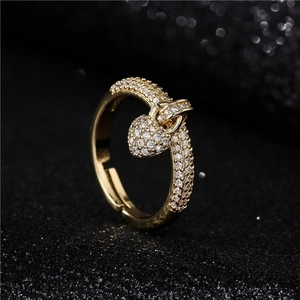 Minimalist 18K gold plated open ring with dangling micro-pave zircon heart charm