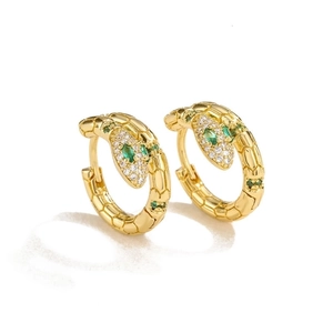 Elegant gold snake hoop earrings with sparkling clear and green crystal embellishments