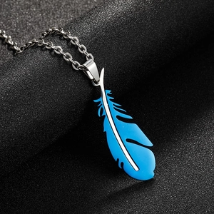 Polished stainless steel necklace featuring a vibrant blue angel feather wing pendant