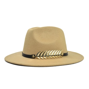 Vintage Woolen Felt Fedora Hat With Metal Leaf Detail Leather Band Wide Flat Brim For Men Women Four Seasons Fashion Jazz Hat