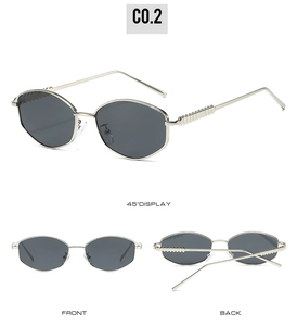 Three-view layout of silver hexagonal sunglasses with grey lenses and textured temples