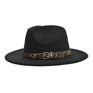 Chapeau fedora noir classique à bord large avec ruban en cuir à motif léopard chic