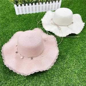 Chapeau De Paille Femme Large Bord Ondulé Avec Décorations De Coquillages Künstliche Perles Vacances Plage Protection UV Pliable