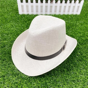 Classic white woven straw cowboy hat with a black belt buckle for summer outdoor travel