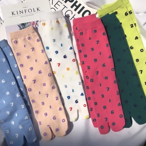 Five pairs of cotton Tabi split-toe socks with colorful numeric patterns and crew length