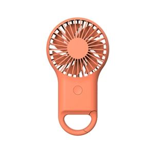 Detail of coral orange portable handheld fan with built-in carabiner hook and multi-blades