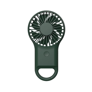 Macro detail of dark green handheld mini fan with built-in hook for outdoor portable use