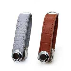Genuine leather key organizer in grey and brown crocodile pattern with metal buckle