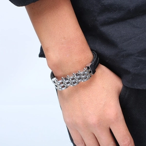 Men's punk braided leather bracelet with magnetic clasp and silver metal link plates